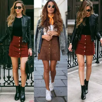

Fashion Women Ladies High Waisted Pencil Skirts Bodycon Suede Leather Slim Mini Skirt Button Party Club Sundress Sunsuit Clothes