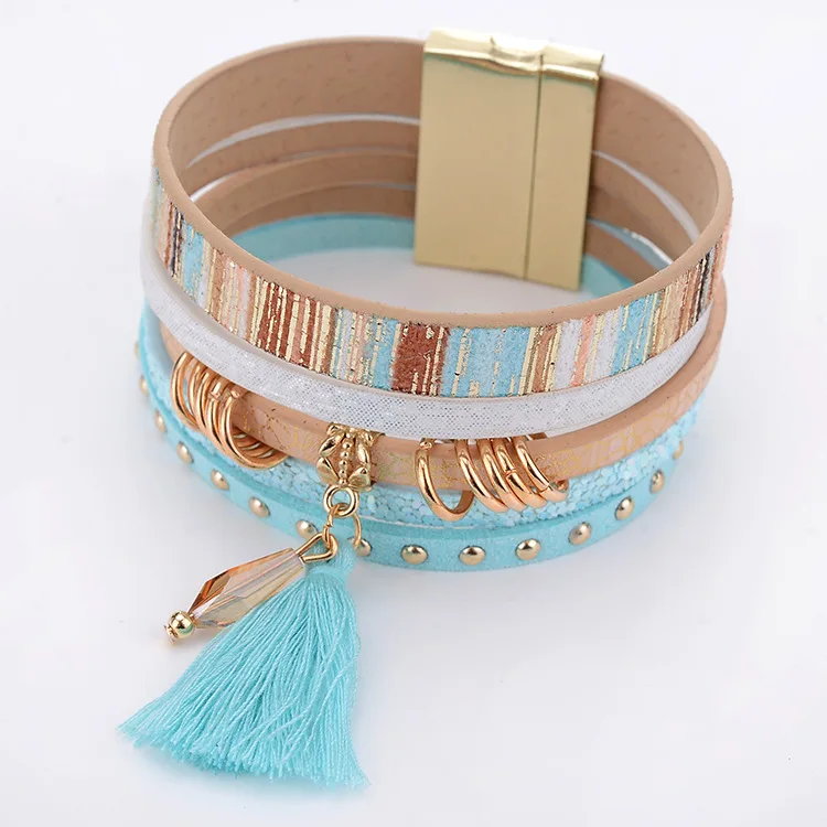 

HOCOLE Natural Crystal Bracelet Luxury Tassel exclusive Design genuine leather statement bangles for women magic closure jewelry
