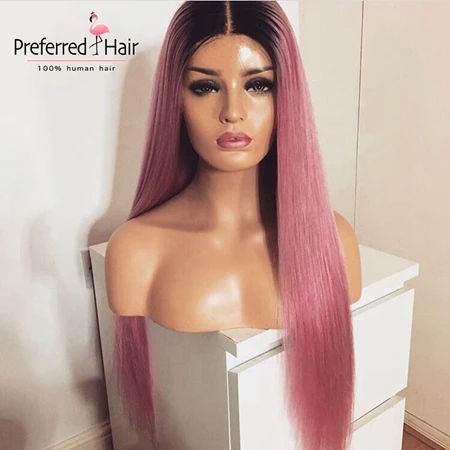 Предпочитаемый ледяной блонд парик на кружеве прямой фиолетовый Омбре человеческие волосы парик бразильский Remy бесклеевой прозрачный парик на шнурке для женщин - Цвет: Ombre Pink