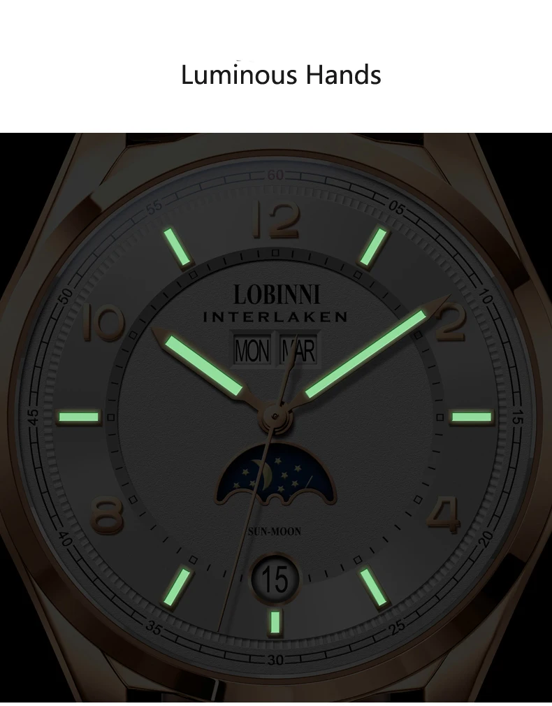 Switzerland люксовый бренд LOBINNI часы Мужские автоматические механические мужские часы многофункциональные сапфировые часы с фазами L18016-1