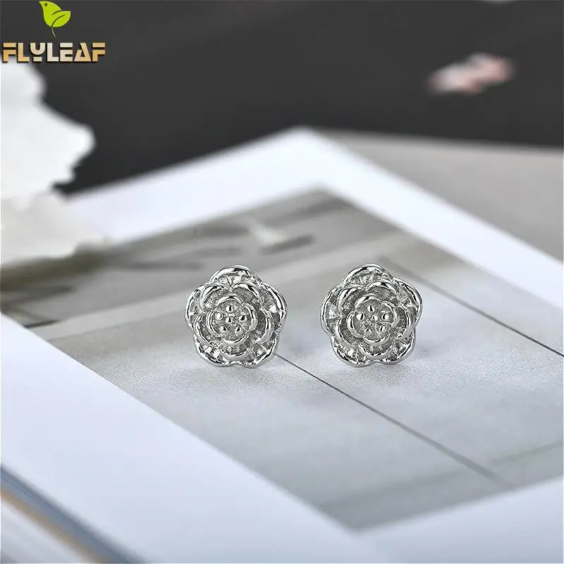 

Flyleaf 100% 925 Sterling Silver Camellia Flowers Big Stud Earrings For Women Personality Creativity Fashion Party Jewelry