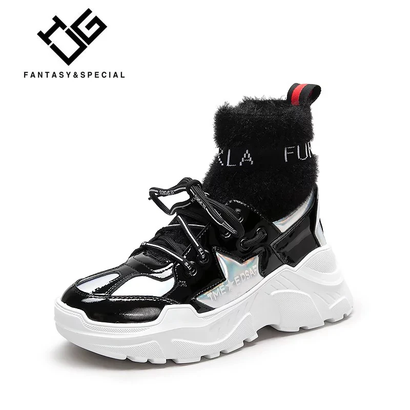 

IGU Women Casual Shoes Genuine Real Leather High Street Thick Bottom Platform Shoes For Lady Stretch Socks 2019 High Top Shoes