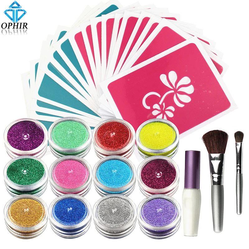 OPHIR 12 Colors/6 Colors Powder Temporary Shimmer Glitter Tattoo Kit for Body Art Design Paint with Stencil Glue & Brushes_TA060