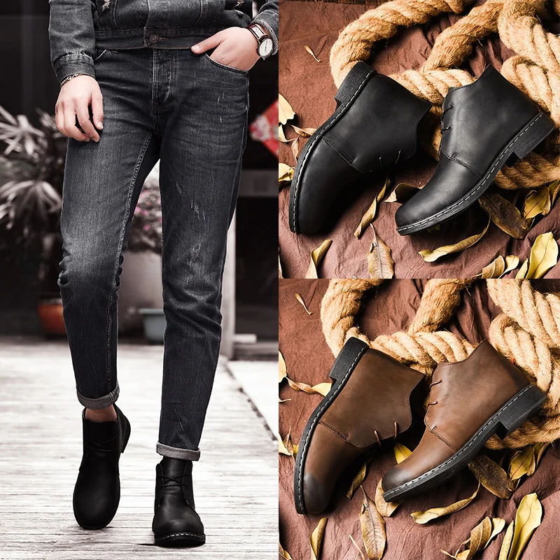 

Men Casual Shoes Fashion Ankle Boots New Solid Lace Up Low Heel Genuine Leather Autumn Shoes Plus size MC970