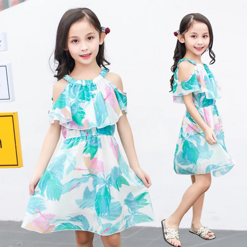 

Girls chiffon dress 2019 new Korean children's summer printing Dew shoulder dress kids Ruffled clothes girls beach dresses 3-12T