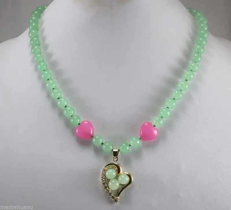 

huij 003794 New ! Green jade and pink heart-shaped emerald necklace \ pendant