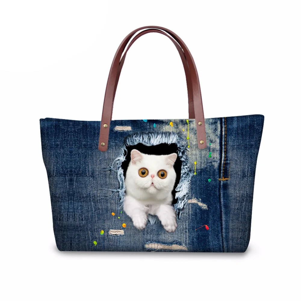 

3D Cowboy Cat Printing Ladies Handbag Cute Animal Top-handle Bags for Women Casual Shoulder Strap Bags Shopping Tote Bag