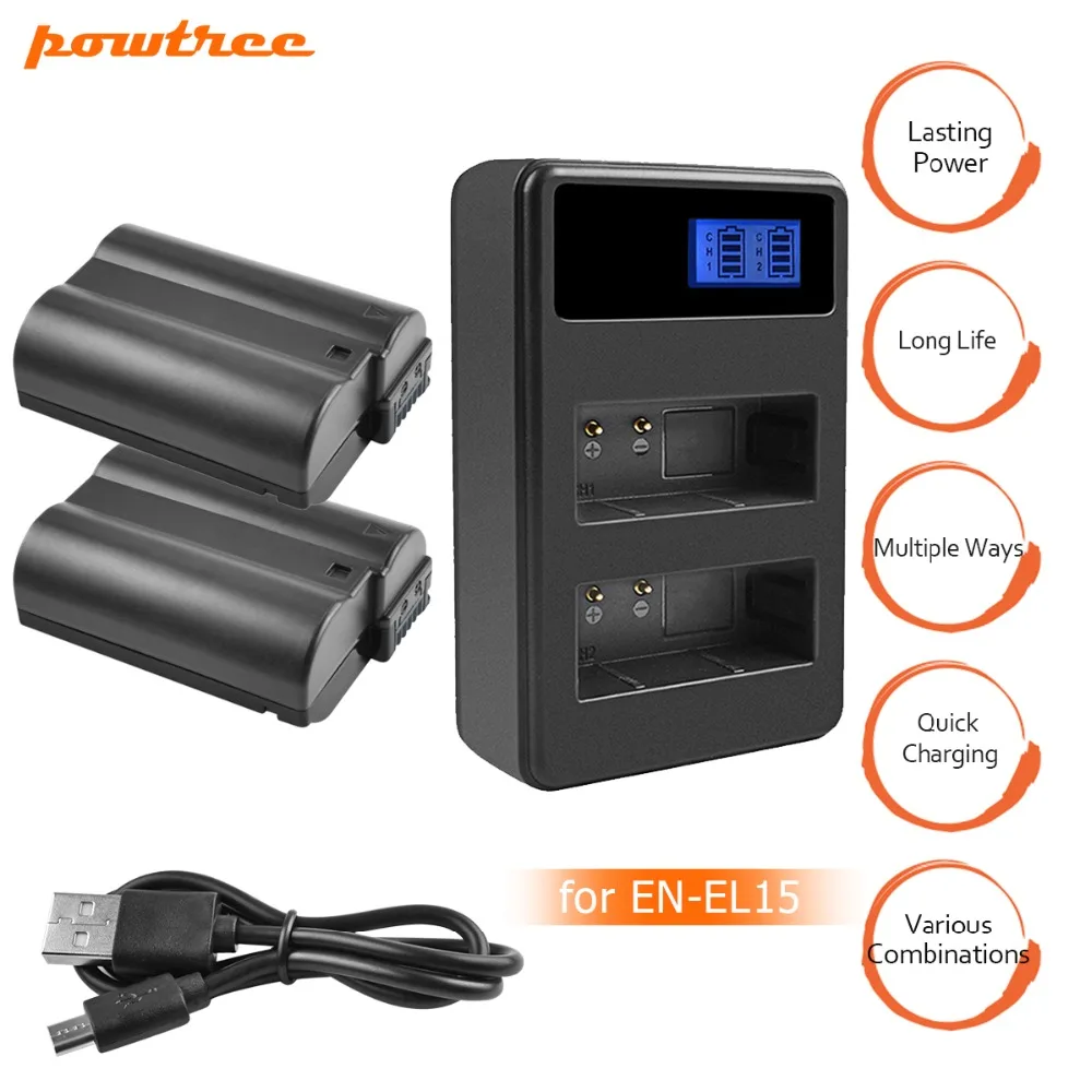 

2Pcs EN-EL15 EN EL15 ENEL15 EL15A Batteries+LCD Dual USB Charger for Nikon D600 D610 D600E D800 D800E D810 D7000 D7100 d750 L10