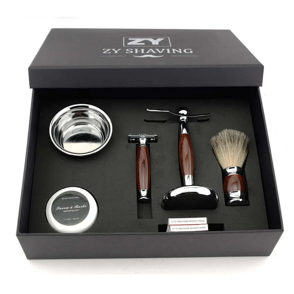 

ZY Men Luxury Shaving Kit Double Edge Safety Blade Razor Badger Hair Beard Brush Stand Holder Face Cleaning Soap Ideal Present