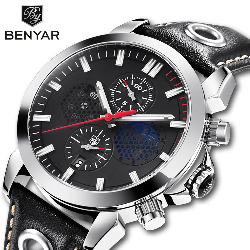 

BENYAR Men's Watches Luxury Watches Men Military Watch Leather Quartz Watch Man Clock Chronograph Moon Phases Relogio Masculino