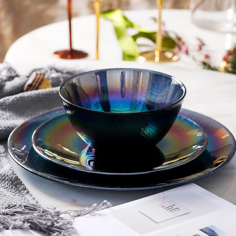 

Lead-free Glass Dinner Plate Rice Bowl Colorful Tableware Pasta Sushi Trays Salad Bowl Japanese Round Dessert Cake Dishes 1pcs