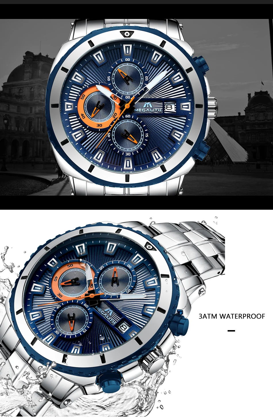 Роскошные Брендовые мужские часы MEGALITH, повседневные спортивные кварцевые часы с хронографом, водонепроницаемые мужские часы из нержавеющей стали, Reloj
