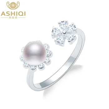 

ASHIQI 925 Sterling Silver Flower 6-7mm Natural freshwater pearl Ring clear Zircon Resizable Open Finger for Women jewelry