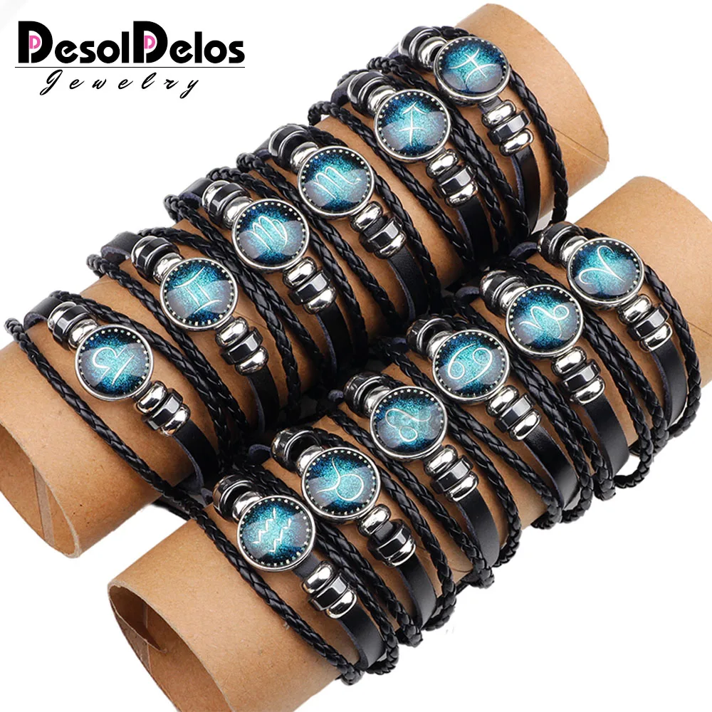 

12pcs/lot 12 Constellation Mens Bracelets Handmade Zodiac Signs Bracelet beaded Charm Leather Bracelet Punk Rock Men Jewelry
