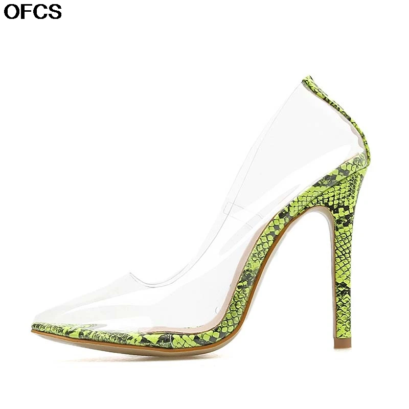 

Sexy Pumps New Fashion Sexy Green Serpentine Women Pumps PVC Transparent Crystal Female High Heels Party Dress Shoes For Women