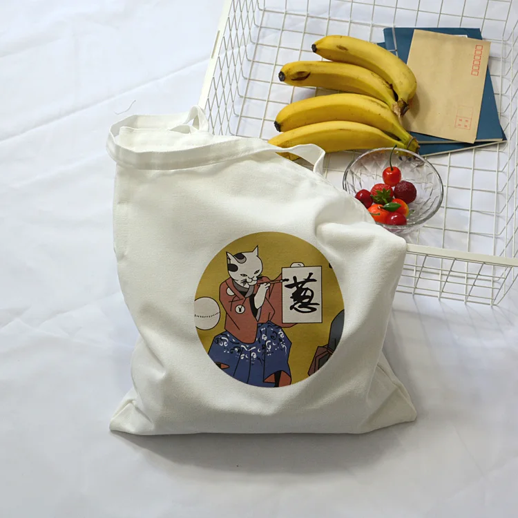 Холщовые сумки с милым котом из мультфильма, Новое поступление, модные женские Простые повседневные сумки для покупок, сумки через плечо - Цвет: Белый
