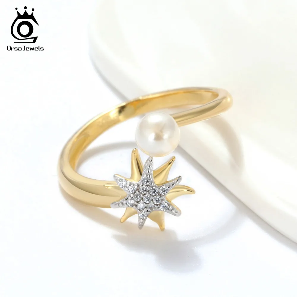 ORSA JEWELS Adjustable Ring For Women 925 Solid Sterling Silver Rings Starfish AAA Shiny CZ Genuine Pearl Luxury Jewelry SR98