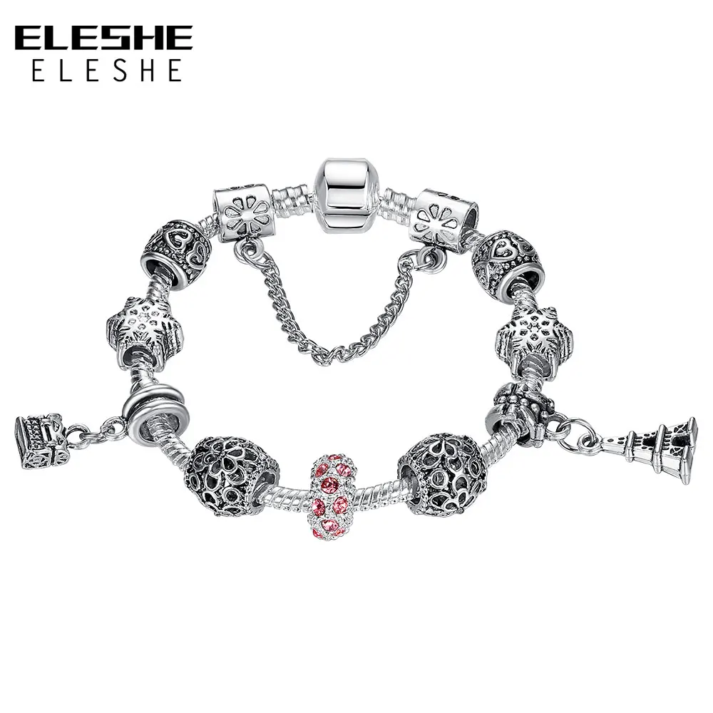 ELESHE Locket Key & Eiffel Tower Silver Charm Bracelets & Bangles Rhinestone Beads Bracelets For Women Christmas Gift
