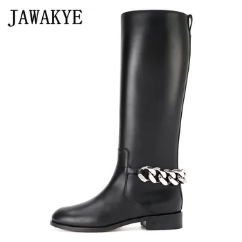 

JAWAKYE Silver Metal Chain back Gladiator Knee high Boots Women Designer Round Toe Black genuine Leather Flat Motorcycle Boots