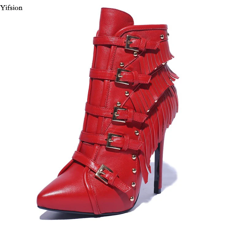 

Olomm New Women Fringe Ankle Boots Thin High Heel Boots Sexy Pointed Toe Black Red Grey Brown Party Shoes Women US Size 4-8.5