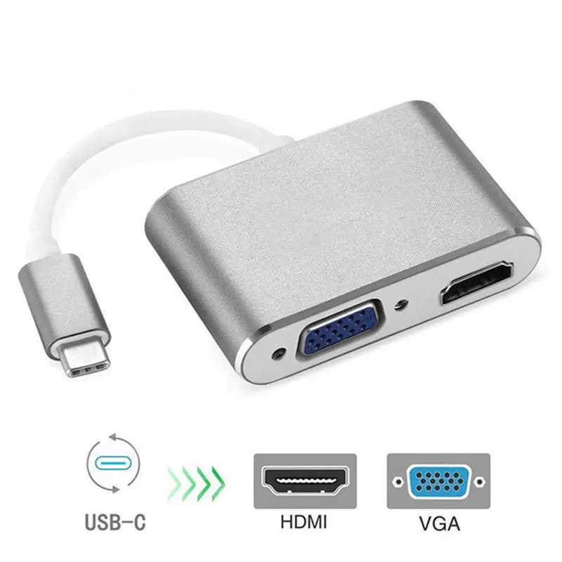  Type-C to 4K HDMI +VGA Port Aluminum USB-C Adapter Converter for MacBook Samsung