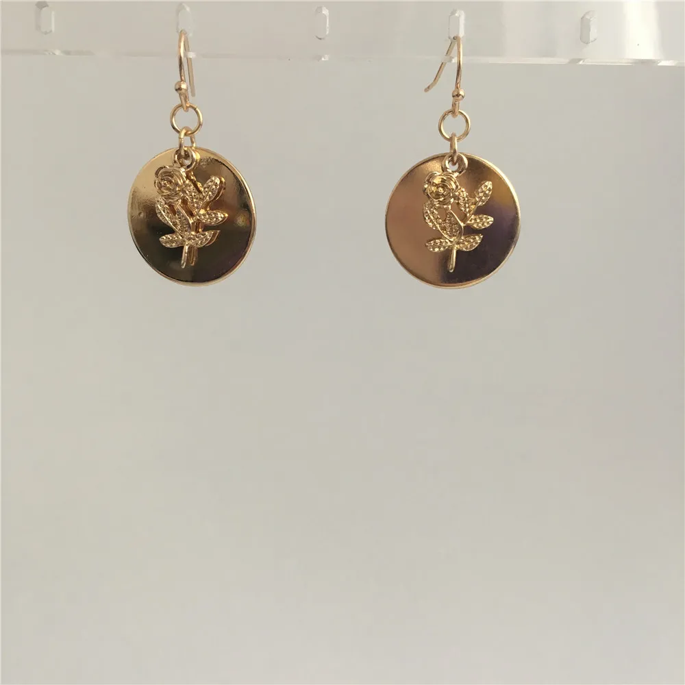 

TRENDY WOMEN EARRINGS GOLD COLOR PLATING ROSE AND ROUND DISC OVERLAP DROP EARRINGS FOR WOMEN GIRL