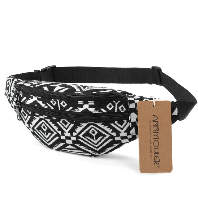 Annmouler New Women Fanny Pack 8 Colors Fabric Waist Packs Bohemian Style Waist Bag 2 Pocket Waist Belt Bag Travel Phone Pouch 2