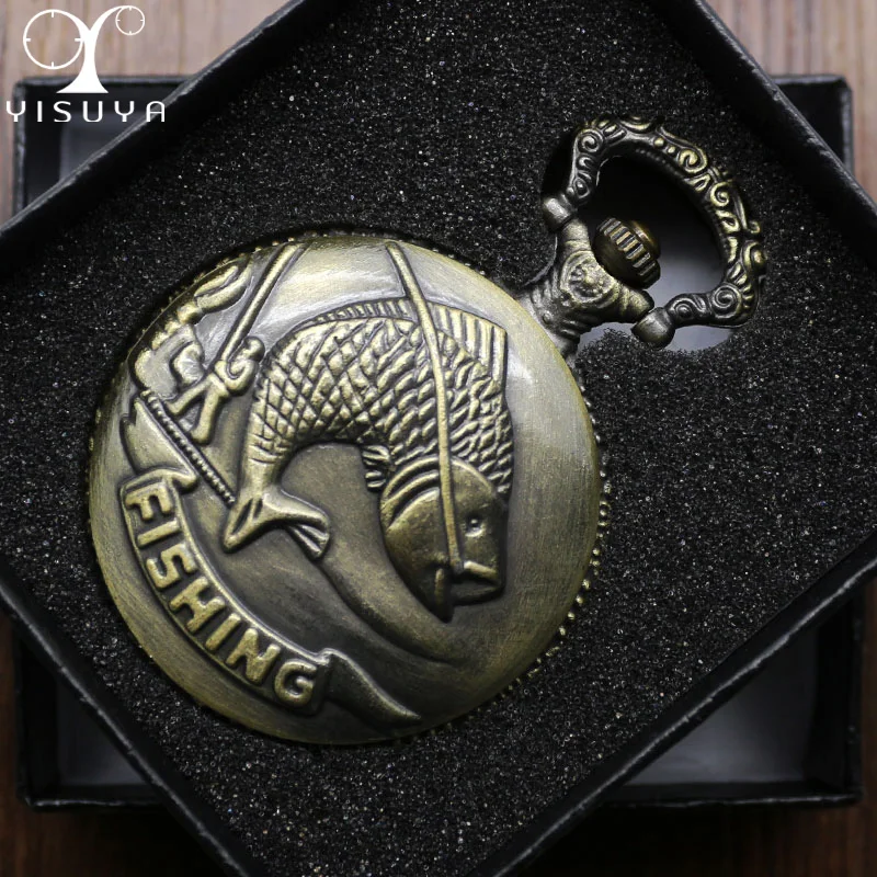 

Pocket Watch for Men Fishing Pattern Round White Arabic Number Dial with Necklace Chain Black Gift Box Relogio De Bolso