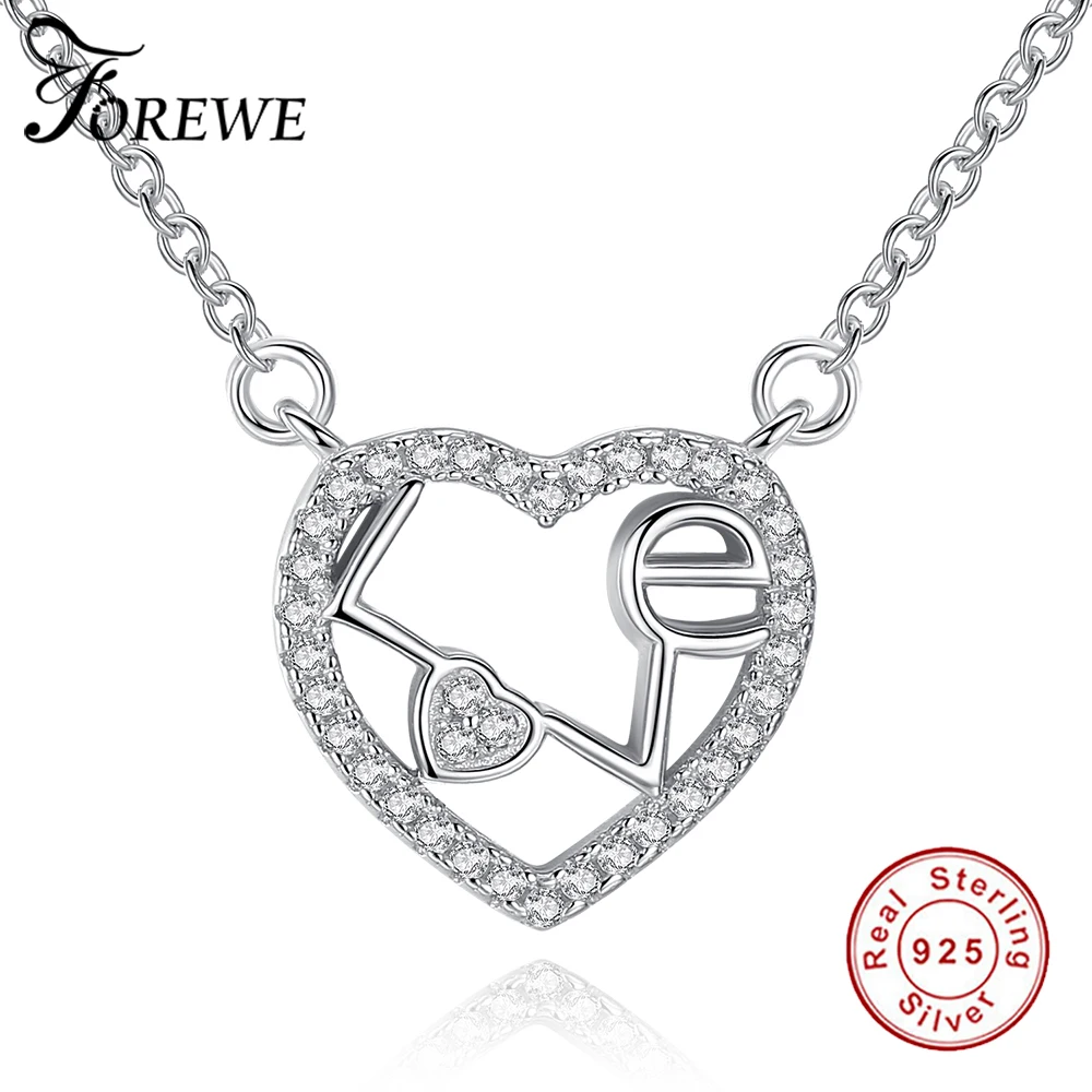 FOREWE 2017 New Fashion CZ Kalung 925 Sterling Perhiasan Perak Cinta Hati Kalung Untuk Wanita Perhiasan