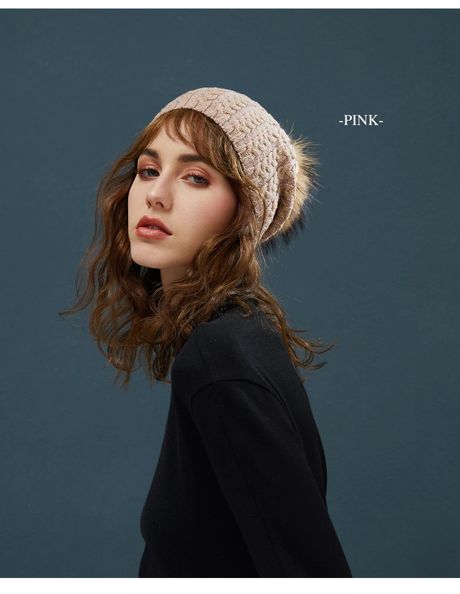 Winter Hats For Women Warm Beanie Real Fur Pompom Wool Hat Female Twist-Type Cap Bright Silk Beanies Women's Hat 5 Colors (7)