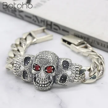

Men Bracelet Real 925 Sterling Silver Jewelry Men Women Inlaid Natural Stone Punk Rock Skull Charm Chain Bracelet Bangle Gifts