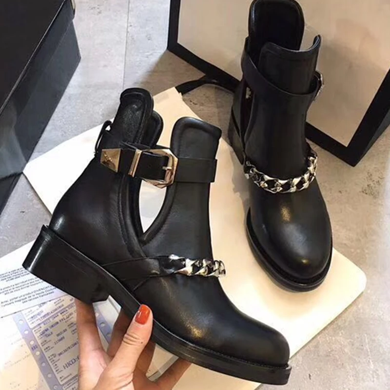 

Mental Chain Martin Boots Woman Round Toe Fashion Cuts Out Black Real Leather Short Boots Buckle Strap Ankle Boots Woman Shoes