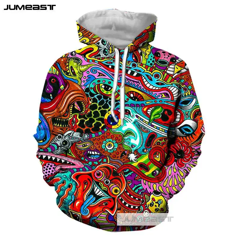 Jumeast 3D المطبوعة مخدر مجردة الرجال/النساء هوديس الأزياء الملونة الطواطم مقنعين البلوز طويلة الأكمام الرياضة السترة
