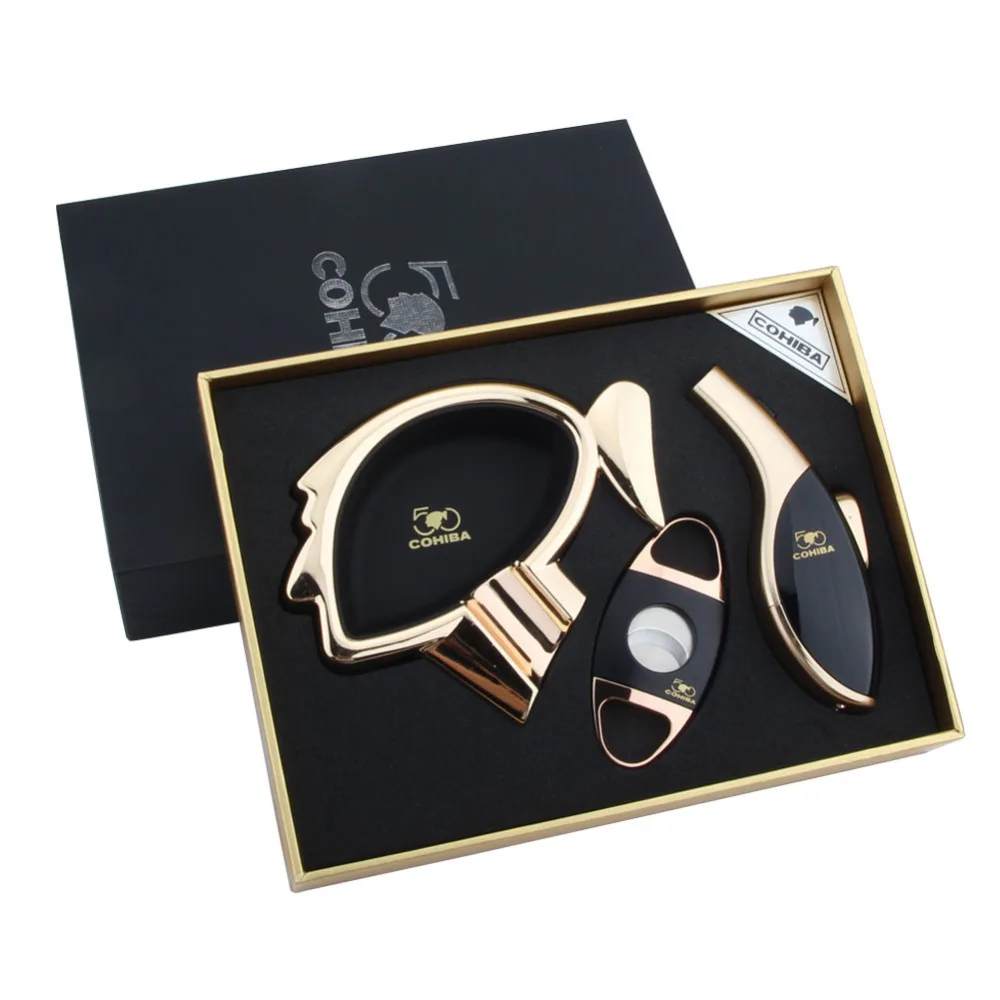 

50th Anniversary COHIBA Cigar Suit Cartoon Avatar Shape Ashtray & Torch Jet Flame Gas Lighter & Cigar Scissor, Gift for Cigar