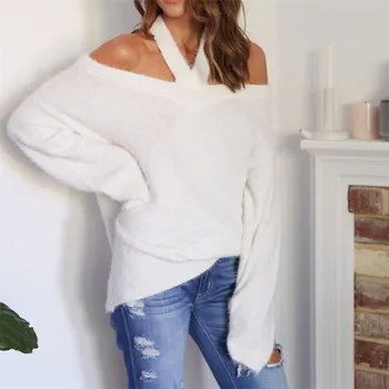 

Fashion Women's Cold Shoulder Halter Sweaters 2018 Lady Long Sleeve Tops Loose Casual Sweater Black/White Sexy Backless Sweater