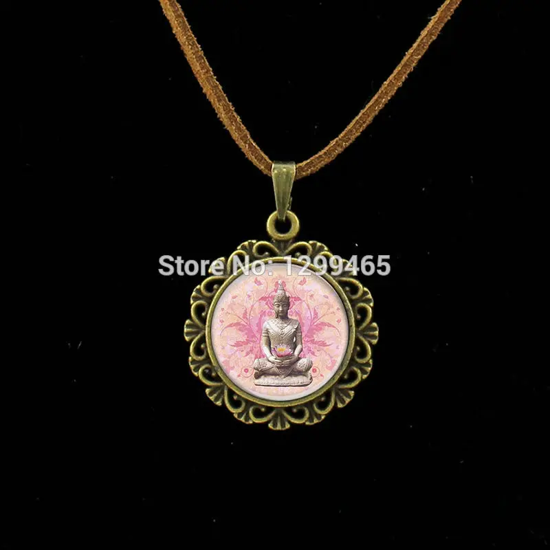 Glass Buddha statue charm Leather Necklace Buddhist Spiritual religion