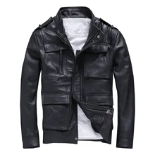Free shipping.Plus size Brand classic pockets goatskin slim Jacket,men's genuine Leather safari style jacket.warm Detachable