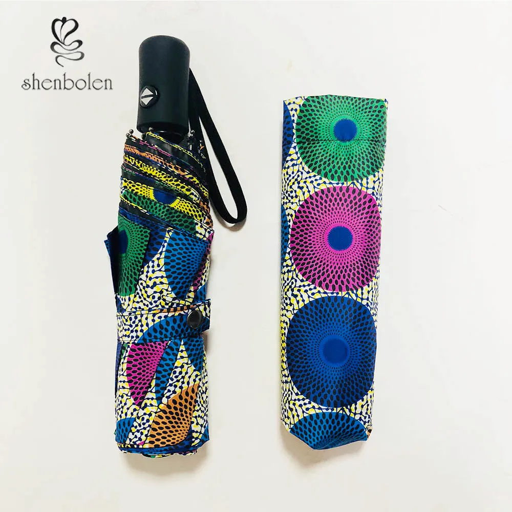 African Women Windproof UV Ankara Print Umbrellas Three Folding
