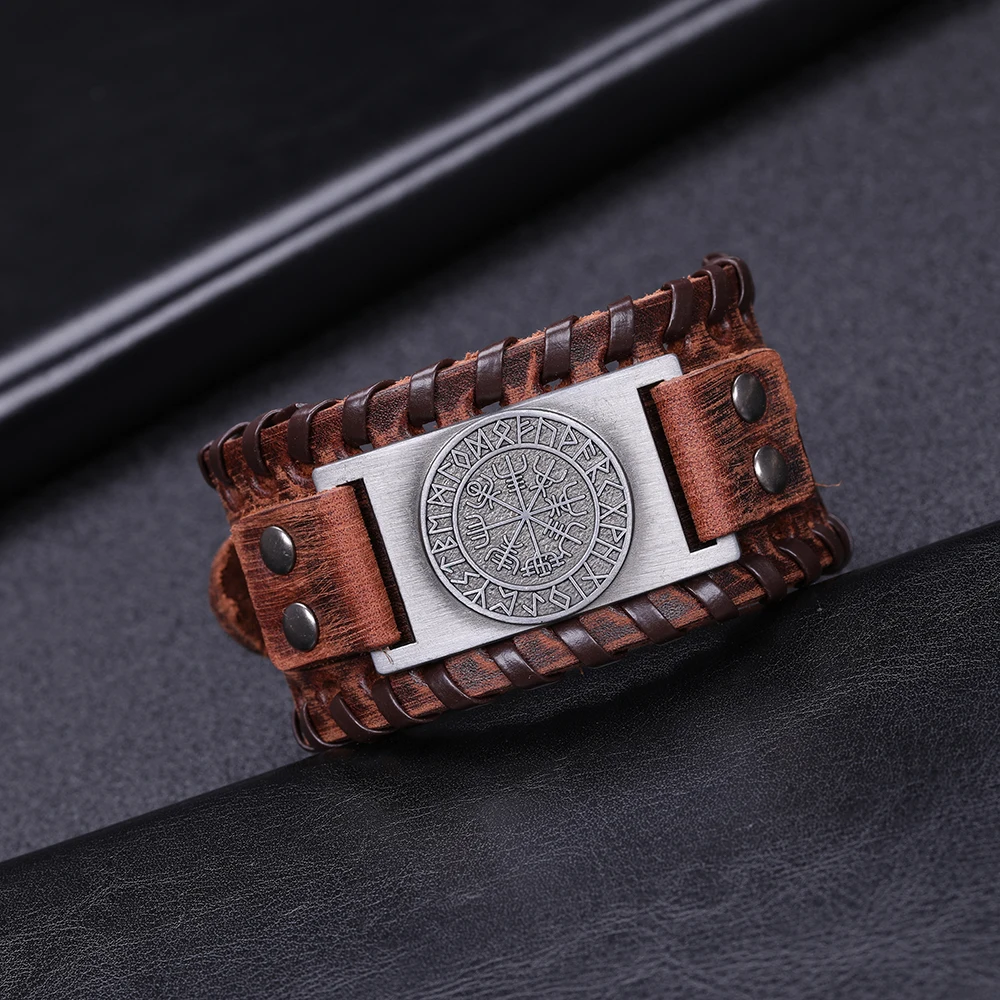 Teamer нордическая Руна Vegvisir подвеска Компас браслет Викинг браслеты из натуральной кожи мужские винтажные Античные Серебряные широкие плетеные браслеты
