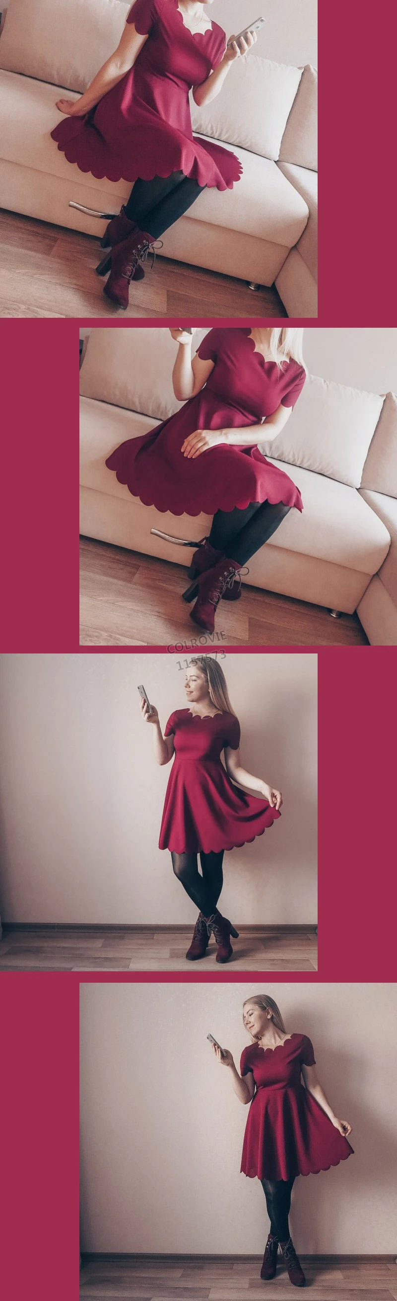 COLROVIE темно-бордовое однотонное гребешок отделка приятное знакомство линия летнее платье осень высокая Талия Мини Вечерние платья OL женские платья