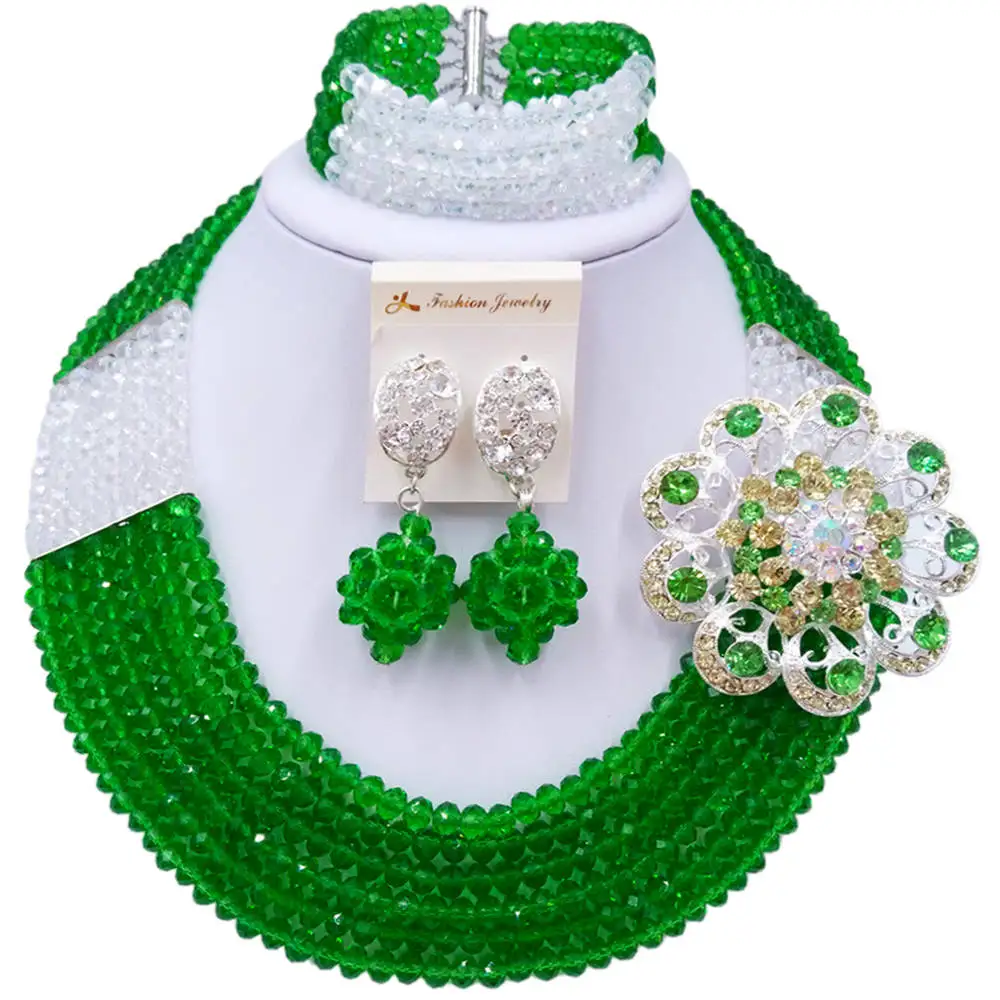 

Green Transparent African Wedding Beads Nigerian Costume Jewelry Set Crystal Beaded Party Necklace for Women 6C-SS024