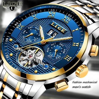 

LIGE New Men's Watches Top Luxury Brand Automatic Machinery Gold Watch Men Steel Waterproof Fashion Sports Clock Reloj Hombre