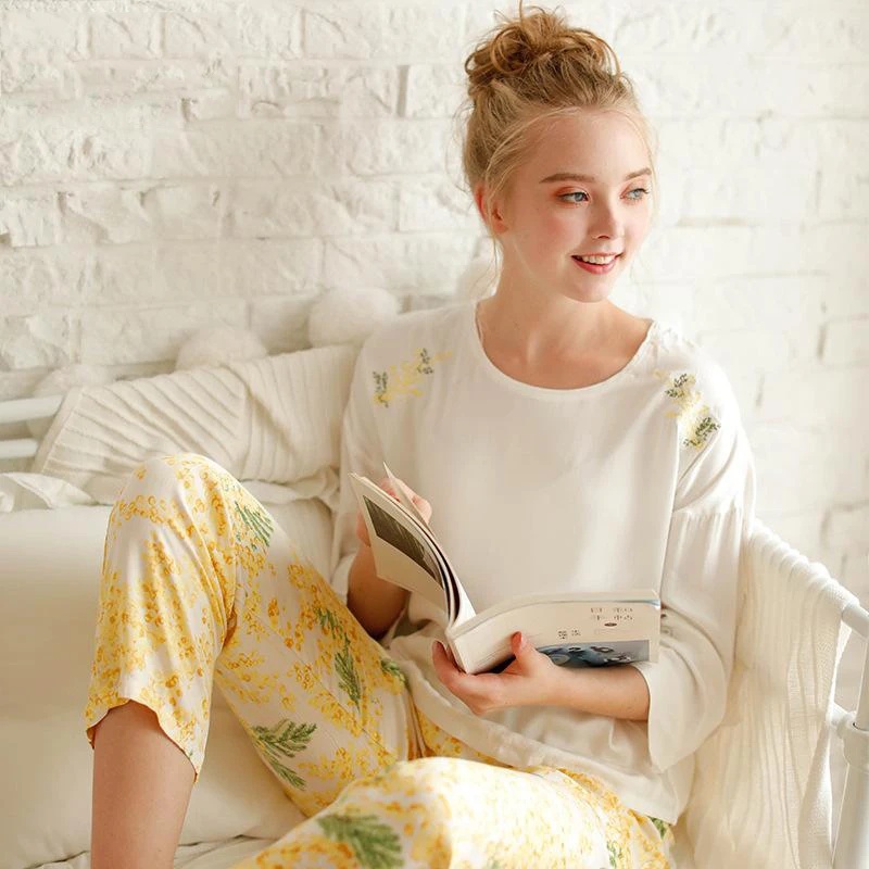 CEARPION Китайская вышивка цветок женский пижамный комплект три четверти рукав 2 шт рубашка+ брюки пижамы повседневная одежда для сна