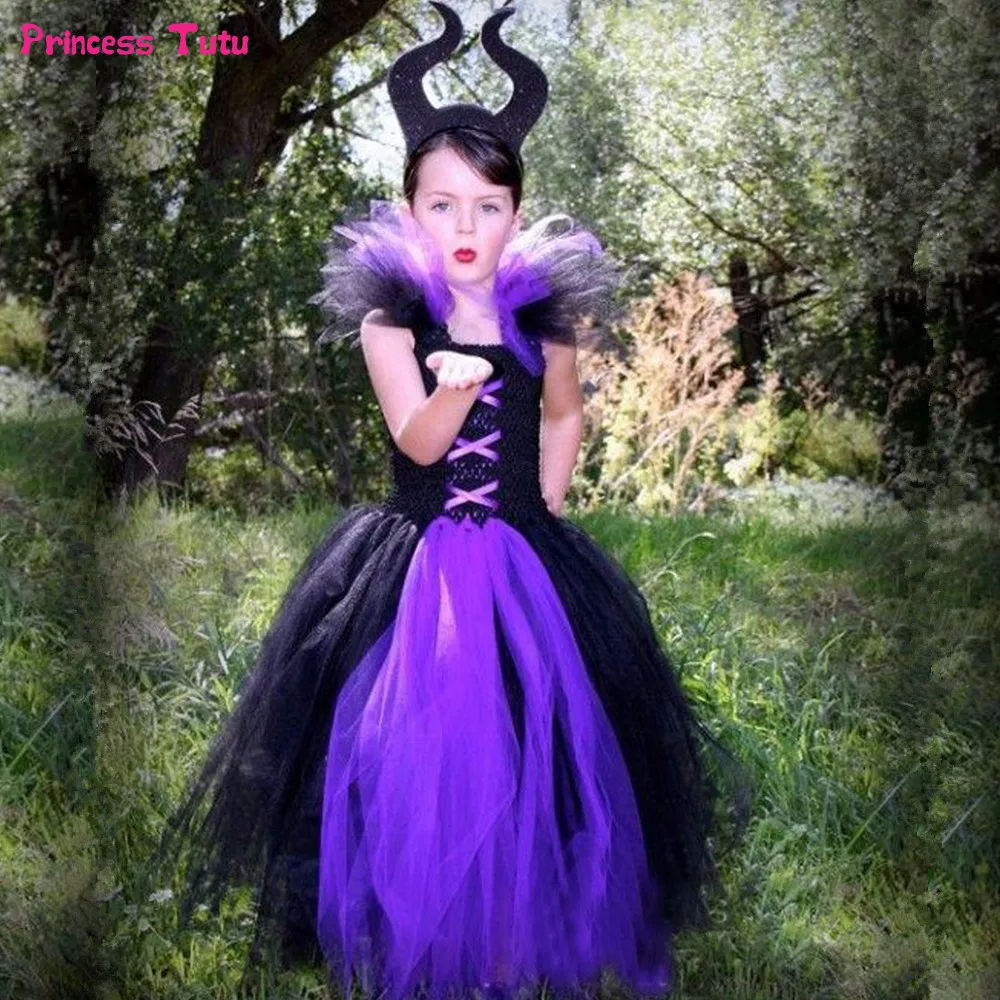 Малефисента зла Queen юбка-пачка для девочек платье с фатиновой юбкой детская Обувь для девочек карнавал Хэллоуин Платья для женщин для детей ведьма Косплэй костюм 1-14