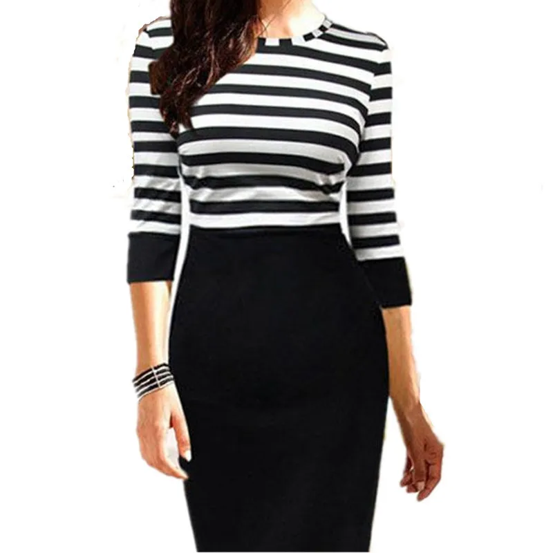 2017 New Elegant Ladies Dress Sleeve Slim Striped Patchwork Bodycon