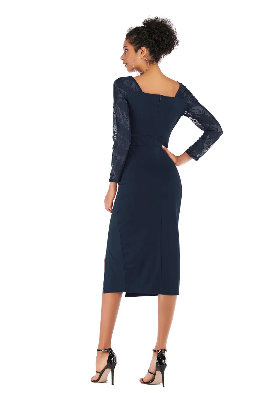 Gladiolus Sexy New Summer Dress Women 2019 Long Sleeve V Neck Slim Lace Patchwork Midi Women Office Dress Ladies Pencil Dresses (12)
