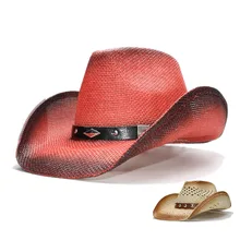 LUCKYLIANJI Для женщин Для мужчин Винтаж широкими полями полым из соломы Пляж Ковбой Пастушка Западной Hat сплава бисера кожаный ремешок(57 см