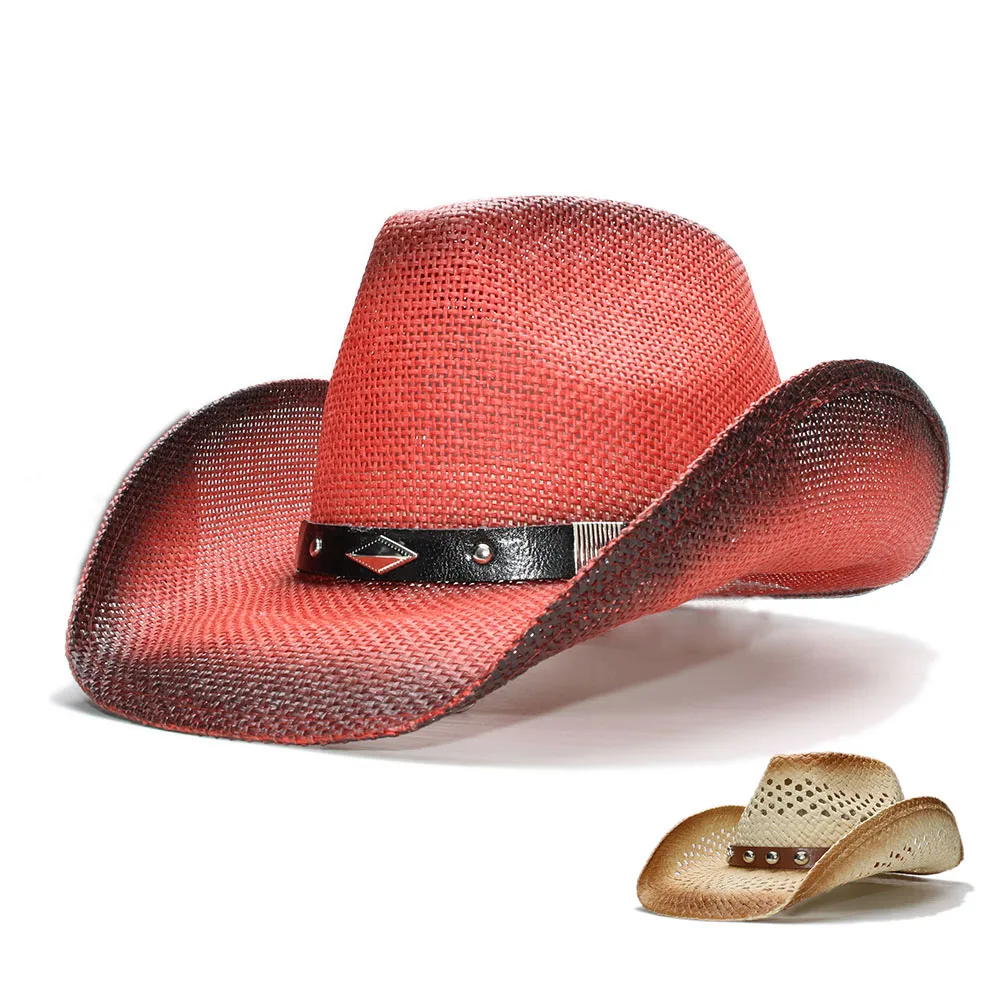 

LUCKYLIANJI Women Men Vintage Wide Brim Hollow-out Straw Beach Cowboy Cowgirl Western Hat Alloy Bead Leather Band (57cm)