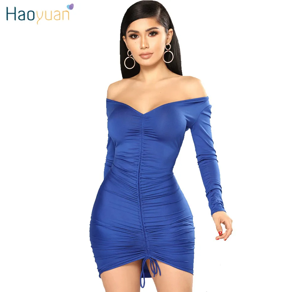 

HAOYUAN Off Shoulder Long Sleeve Sexy Dresses For Women Black Blue Ruched Wrap Dress Elegant Short Mini Bodycon Bandage Dress