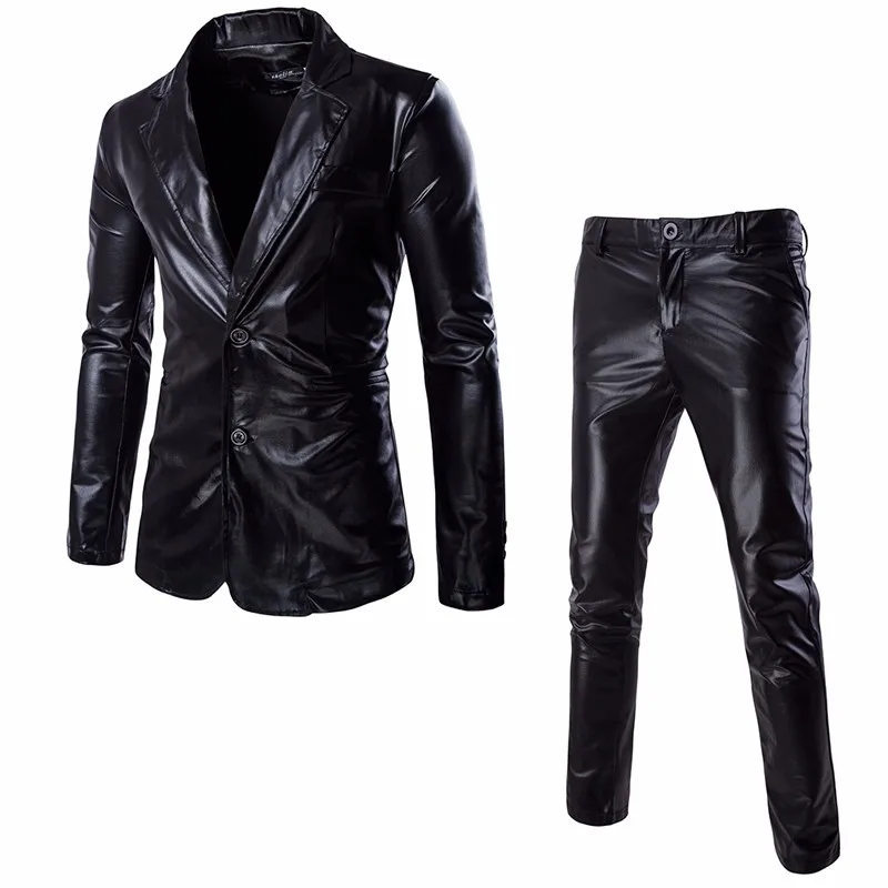 ( Jacket+Pants) 2 piece Suit Men 2018 Fashion Shiny Coated Metallic